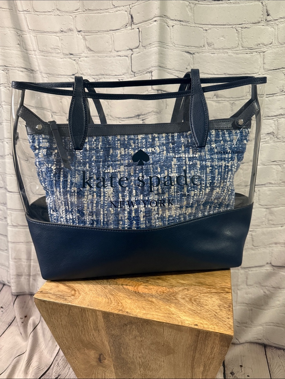 Kate Spade Navy Clear Ash Large Tote with Blue Tweed Pouch